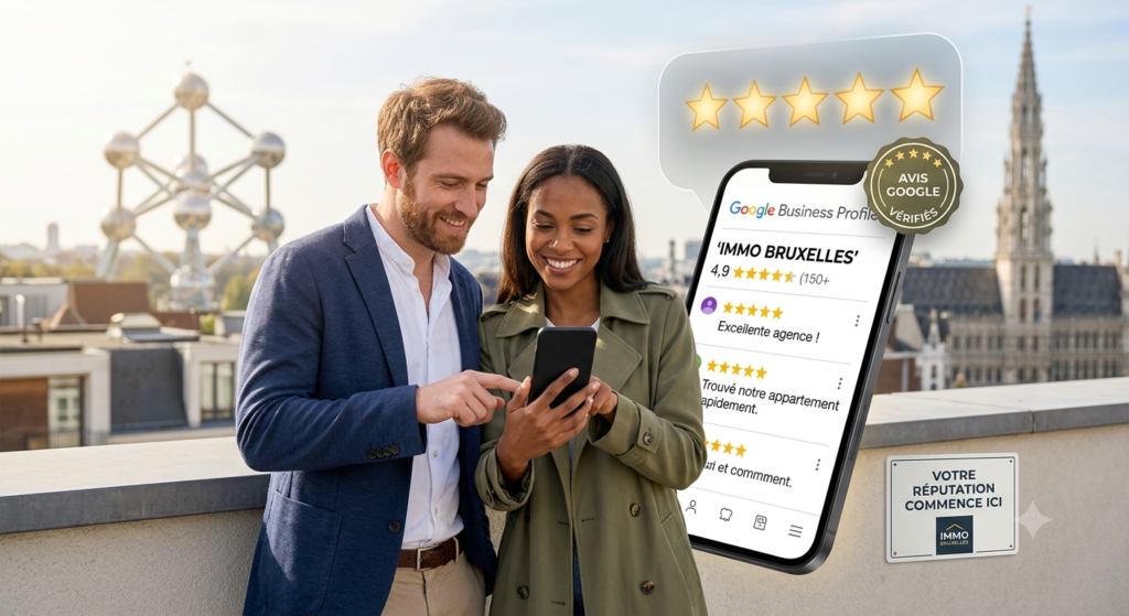 Une conseillère immobilière à Bruxelles montre des avis Google 5 étoiles sur un smartphone à une cliente, illustrant l'importance de la réputation en ligne.
