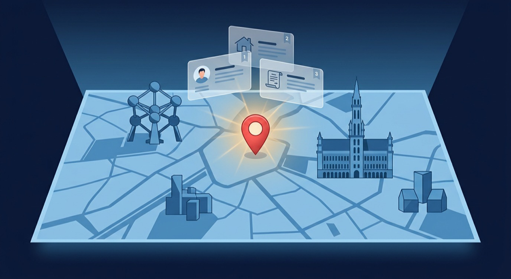 Illustration conceptuelle du Map Pack Google avec un pin de localisation lumineux sur une carte stylisée de Bruxelles, symbolisant le SEO local pour PME